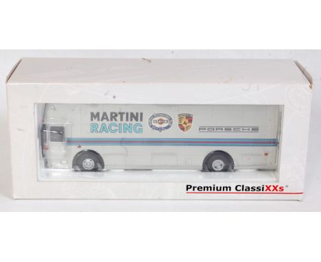 A Premium Classixxs 1:43 scale model of a Martini Porsche Mercedes Benz racing car transporter, model No. 12201 limited editi