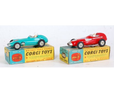 A Corgi Toys boxed and play worn F1 diecast group to include No. 150S Vanwall comprising of red body with spun hubs and racin