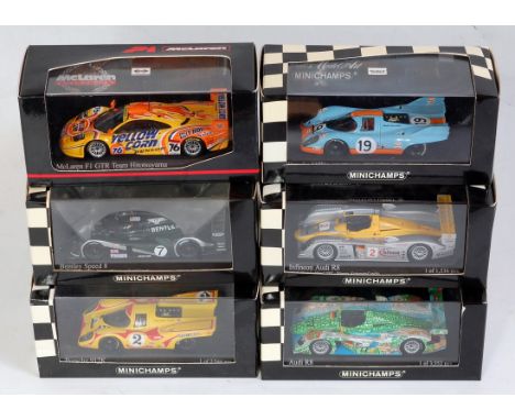 Six various boxed Minichamps 1:43 scale high speed racing diecasts to include a Porsche 917K 24 Hour Le Mans 1971, an Infineo