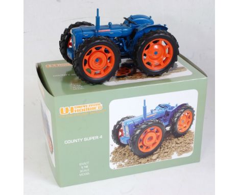 A Universal Hobbies No. UH2787 1:16 scale model of a County Super 4 1961 tractor, comprising blue body with orange hubs, in t