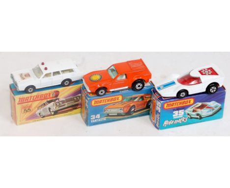 A Matchbox Superfast hard to find boxed diecast group to include No. 34 Ford Mustang Vantastic comprising orange body with wh