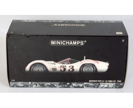 A Minichamps 1:18 scale of a Maserati Tipo 1960 LA Times Grand Prix racing car comprising white body with red lining and raci