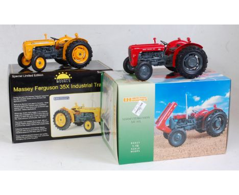 A Universal Hobbies 1:16 scale boxed tractor group to include a Massey Ferguson MF35X together with another Massey Ferguson 3