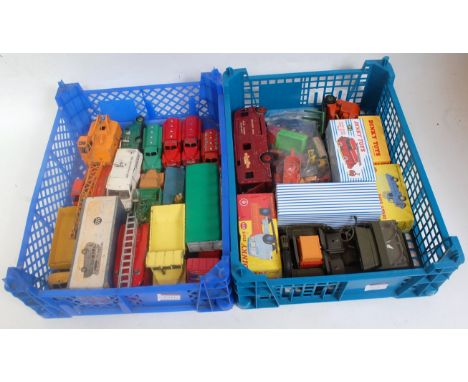 Two trays containing a quantity of play worn and boxed Dinky Toy, modern release diecasts and Atlas edition Dinky Toys, examp