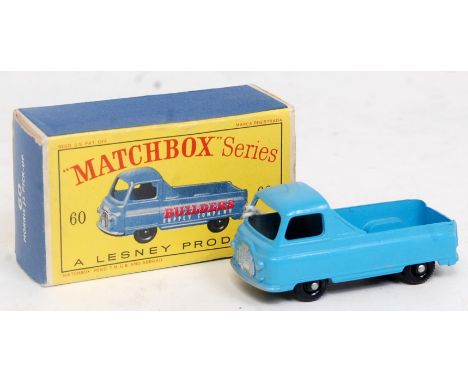 A Matchbox 1/75 series No. 60A Morris J2 pickup comprising light blue body with black plastic wheels, cast rear window, oppos