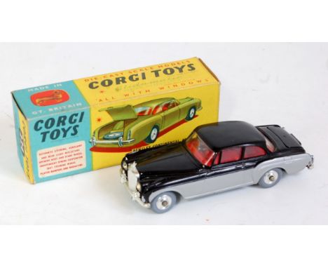 Corgi Toys, 224, Bentley Continental Sports Saloon, black and silver body, red interior, in the original yellow and blue all 