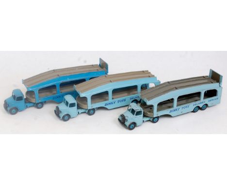 Three various loose Dinky Toys No. 982/582 Bedford Pullmore car transporters, two examples finished in light blue, one with s