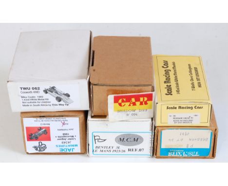 Six various 1:43 scale white metal and resin classic car kits to include an MCM Bentley 3L Le Mans 1925 racing car, a Jade Mi