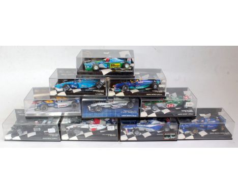 Ten various plastic cased Minichamps 1:43 scale F1 racing diecasts to include a Johnny Herbert Benetton Ford B194, a Jenson B