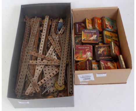 Three boxes containing a quantity of mixed nickel blue, gold and red Meccano components to include a part complete No. 2A acc