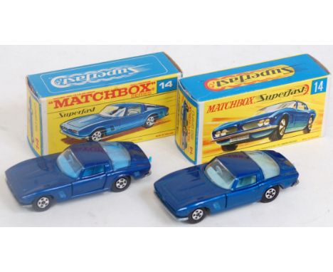 A Matchbox Superfast No. 14 Iso Grifo boxed diecast group to include dark blue example with dark blue interior in the origina