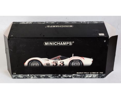 A Minichamps 1:18 scale model of a Maserati Tipo 61, LA Times Grand Prix 1960, finished in white and red with racing No. 53, 