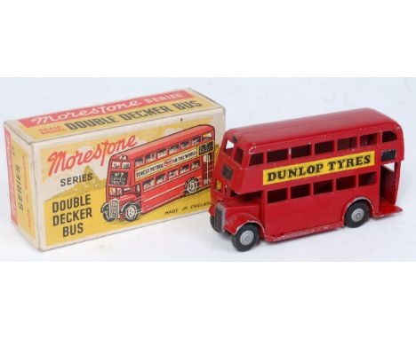 A Morestone Series diecast model of a double decker bus finished in dark red, with black detailing and silver hubs, finished 