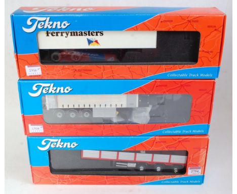 A Tekno 1:50 scale boxed road transport trailer group to include a 3 axle open trailer with high ab, Ferrymasters box trailer