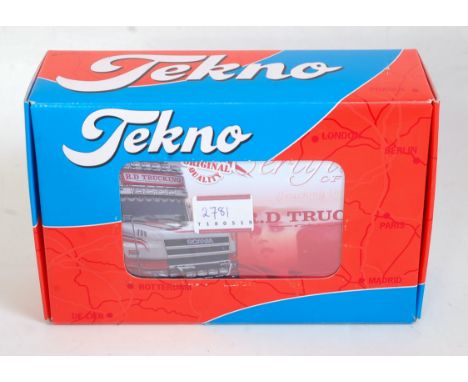 A Tekno 1:50 scale model of a Scania T cab 164T 480RD trucking tractor unit, comprising red &amp; white body with RD Trucking