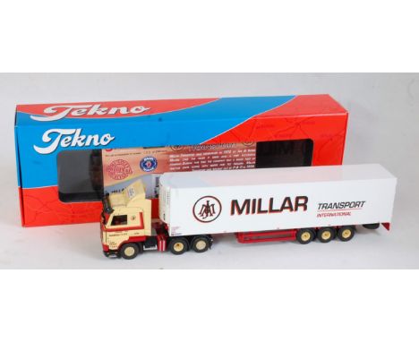 A Tekno 1:50 scale model of a Scania 143 tractor unit with refrigerator trailer, finished with Millar Tranport International 