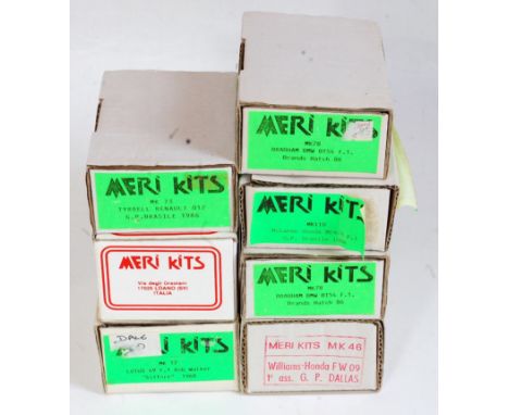 A Meri Kits 1:43 scale white metal and F1 and classic car kit group, all in the original card boxes, appear as issued, exampl