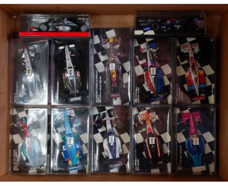 12 various plastic cased Minichamps 1:43 scale F1 diecasts to include a Maclaren Mercedes MP4/13 Mika Hakkinen, Sebastian Vet