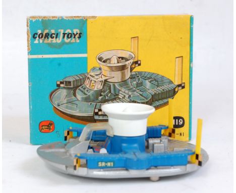 Corgi Toys, 1119, HDL Hovercraft SR-N1, blue, white and grey body, yellow rear rudders, in the original blue and yellow all c