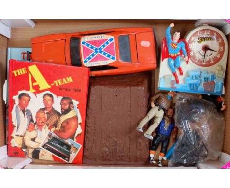 One box containing a quantity of tinplate and plastic TV related vehicles and accessories, to include an Ertl General Lee sal