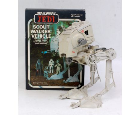 A General Mills/Meccano Star Wars Return of the Jedi Scout Walker vehicle appears complete in the original all-card box with 