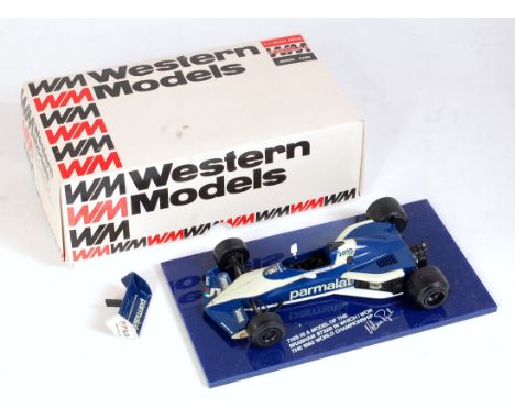 A Western Models Promotional model of a 1:24 scale 1983 Brabham BT52 F1 racing car, appears factory built, raised on blue dis