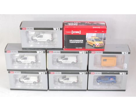 A WSI Collectables 1:50 scale boxed delivery van and site hut group, eight boxed examples, to include a Mammoet Volkswagen tr