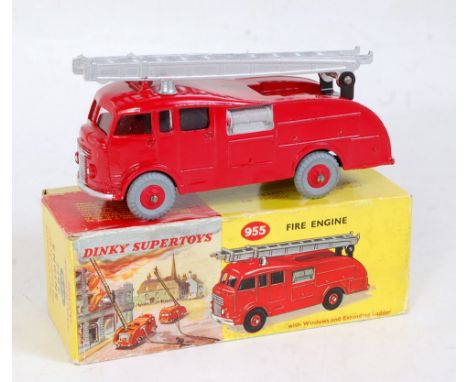 A Dinky Toys No. 955 fire engine comprising red body with red hubs and grey tyres, sold in the original pictorial top lift-of