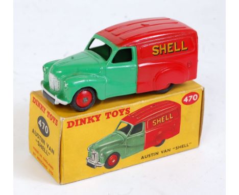 A Dinky Toys No. 470 Austin delivery van Shell BP comprising green and red body with red hubs, in the original all-card box (