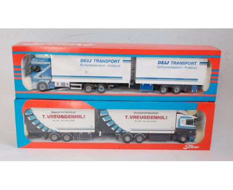 A Tekno 1:50 scale boxed road transport diecast group to include a T Vreugdenhil Scania rigid 6x2 tractor unit with closed co