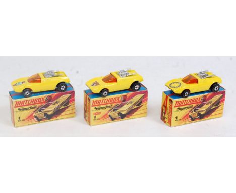 A Matchbox Superfast No. 1 Mod Rod boxed diecast group, three variations to include a yellow body with orange interior and sc