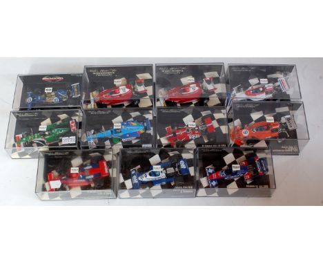 11 various plastic cased Minichamps 1:43 scale F1 racing diecasts to include a D Warwick Toleman TG 183, an R Peterson Tyrrel