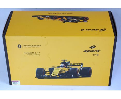 A Spark Models 1/18 scale resin model of a model of a Renault RS17 No. 27 Bahrain Grand Prix 2017 Nico Hulkenberg's racing ca