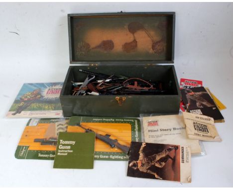 One box containing a quantity of Action Man Palitoy and Pedigree weapons, accessories and ephemera to include various assault