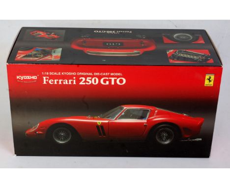 A Kyosho No. 08431R 1:18 scale model of a Ferrari 250GTO, finished in red, appears as issued in the original polystyrene pack