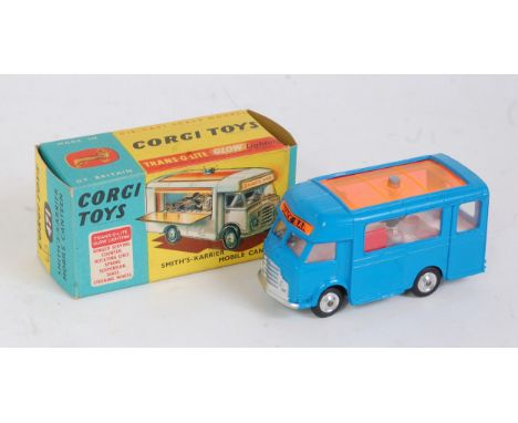 Corgi Toys, 471 Karrier Bantam snack bar, blue and white body with Joe's Diner livery, some fading to transfers, with figure,