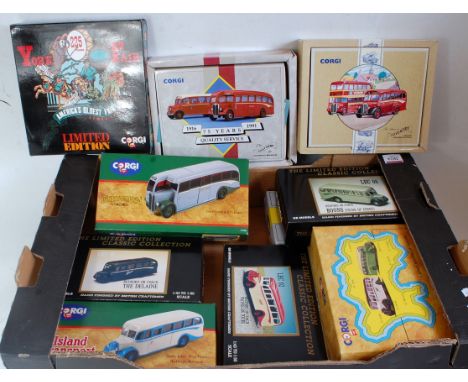 11 various boxed Corgi public transport diecasts to include a GB Models Bedford OB coach Pride of Essex, a Corgi Grey-Green A