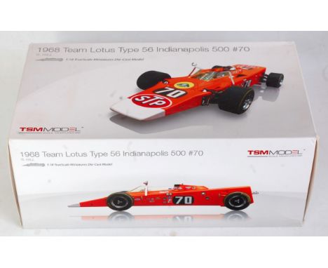 A TSM Truescale Miniatures model of a 1:18 scale 1968 Team Lotus type 56 Indie 500 racing car, No. 70 G Hill, sold in the ori