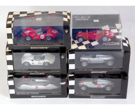 Six various plastic cased Minichamps 1:43 scale racing diecasts to include an Auto Union Type A German Grand Prix winner 1934