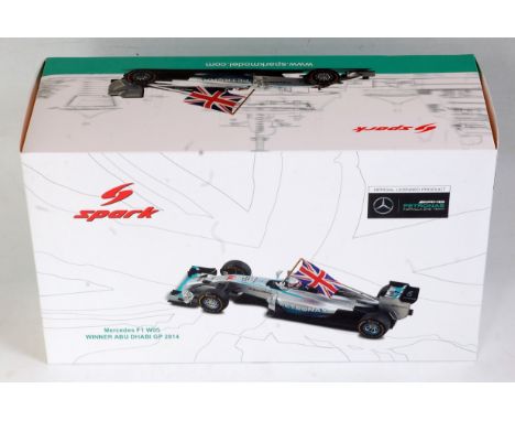 A Spark Models 1/18 scale resin model of a Mercedes F1 W05 F1 racing car, No. 44 Lewis Hamilton, winner Abu Dhabi Grand Prix 