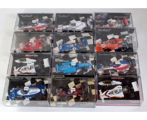 Twelve various plastic cased Minichamps 1:43 scale F1 racing diecasts, to include a Maclaren Ford M23 D Huleme, 1973 F1 car, 