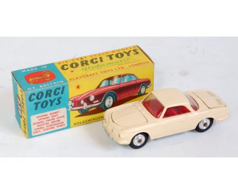 Corgi Toys, 239, Volkswagen 1500 Karmann Ghia, cream body with red interior and spun hubs, silver base plate, in the original