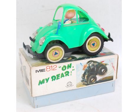 ME (China) 10” Long, Tinplate &amp; Plastic, Battery, ME812 Volkswagen Beetle ‘Oh My Dear’ Cartoon Car in Lime Green with Pro