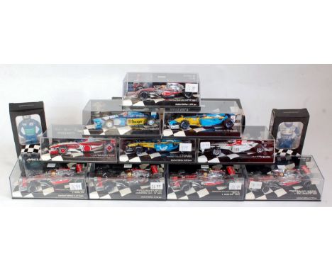 Ten various boxed Minichamps 1:43 scale F1 diecasts together with two boxed Minichamps 1:18 scale F1 drivers, examples to inc