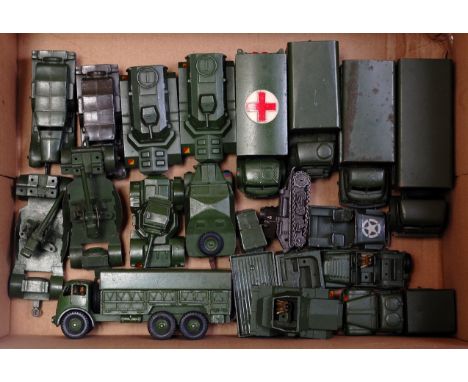 One box containing a quantity of mixed playworn loose Dinky Toy military diecasts, to include No. 688 Field gun tractor, No. 