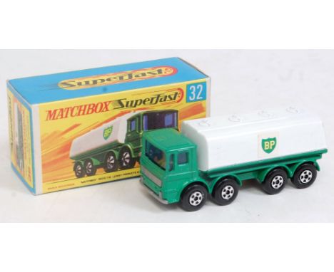 A Matchbox Superfast No. 32 Leyland petrol tanker comprising green cab and chassis with white back and central BP sticker to 