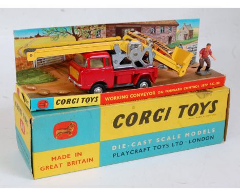 A Corgi Toys No. 64 working conveyor on Ford Control Jeep comprising red body with yellow working conveyor with unperished co