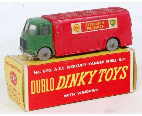 A Dublo Dinky Toys No. 070 AEC Mercury Shell BP tanker, comprising green cab with red back and grey plastic wheels, in the or