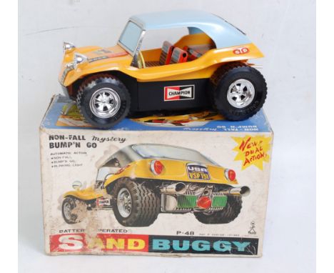 TAIYO (Japan) 1.16 scale, Tinplate &amp; Plastic, Battery, P-48 Meyers Manx Sand Buggy in Yellow, Grey Roof, Red Tinplate int