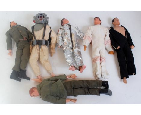 One box containing six various vintage action men and similar dolls, all clothed in various outfits to include British Army s